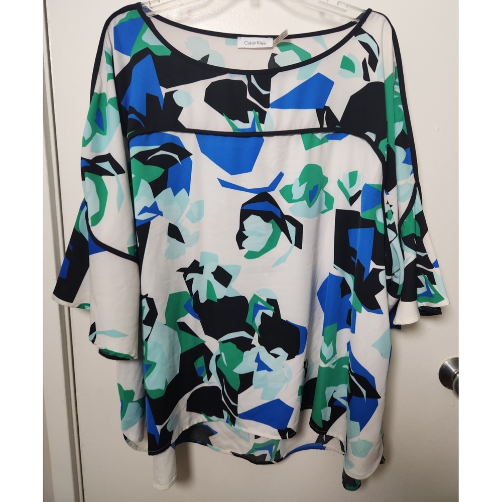 Calvin Klein Blue Green Floral Ruffle Short‎ Sleeve Blouse Tunic 3XL/4XL Church